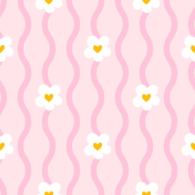 Keyifli ve doğadan esinlenilmiş, papatya çiçekleri ve hoş ve nötr estetik, bahar kutlamaları, bebek ürünleri ve dijital kağıt için ideal, narin çizgi desenleri içeren kusursuz vektör çizimleri..