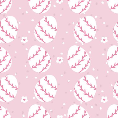 Paskalya yumurtaları, çiçekler ve yumuşak pastel tonlardan oluşan kusursuz vektör deseni bebek kıyafetleri, ambalaj kağıtları ve mevsimlik kutlamalar için ideal..