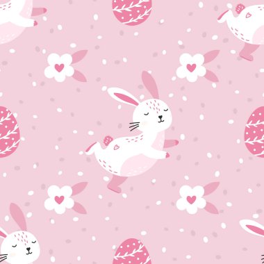 Tavşanlar, yumurtalar ve bahar çiçekleri eşliğinde pastel renksiz vektör deseni. Paket kağıdı, çocuk kıyafetleri ve Paskalya bayramını kutlamak için mükemmel..