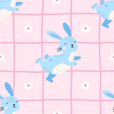 Yumuşak pastel renk paleti olan şirin kawaii tarzı dikişsiz tavşan deseni, bebek bakıcılığı tasarımları, neşeli tekstil baskıları ve neşeli tatil ambalaj kağıtları için harika..