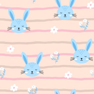 Yumuşak pastel renk paleti olan şirin kawaii tarzı dikişsiz tavşan deseni, bebek bakıcılığı tasarımları, neşeli tekstil baskıları ve neşeli tatil ambalaj kağıtları için harika..