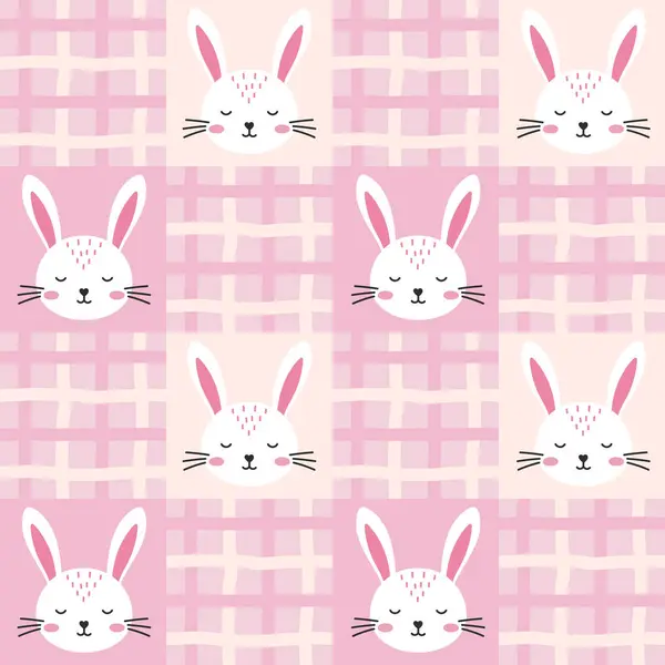 Tatlı, pürüzsüz vektör deseni sevimli tavşanlar, tavşanlar ve pastel pembe ve beyaz kareli desenler içerir. Neşeli bahar tatili tasarımları yapmak için idealdir..