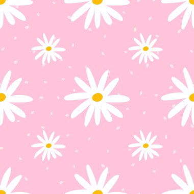 Papatya ve papatya gibi hassas çiçekleri, yumuşak pastel renkleri, çocuk dekorasyonu, çocuk kıyafetleri ve bahar kutlamaları için mükemmel olan kusursuz vektör deseni..