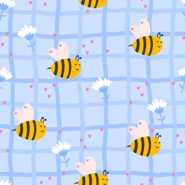 Papatya, papatya, papatya ve vızıldayan böcekler içeren minimalist ve zarif ve pürüzsüz vektör desenleri ve kawaii ve rahat bir tarzla sarma kağıdı, bebek tekstili ve neşeli bahar tasarımları için mükemmel..