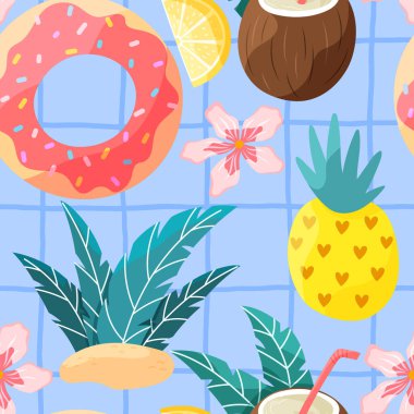 Kusursuz vektör desenli tropikal element, ananas, hindistan cevizi ve palmiye yaprakları. Yaz tekstil ürünleri, tatil temalı ambalaj kağıtları ve botanik dokunuşlu çocuk kıyafetleri için mükemmel..