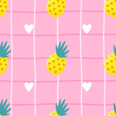 Kusursuz vektör desenli tropik ananaslar, çiçekler ve canlı pembe estetik, yaz tekstili için mükemmel, çocuk kıyafetleri, ve taze, egzotik bir dokunuşla tatil ambalajı kağıdı..