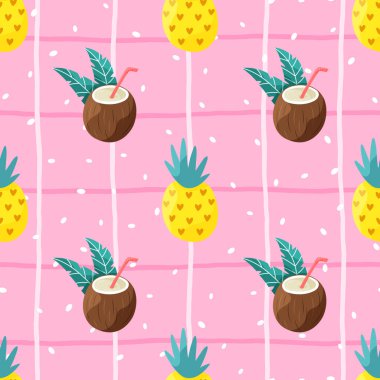 Ananas, hindistan cevizi ve pembe renkler gibi tropikal elementlerle şirin, pürüzsüz bir vektör deseni. Ambalaj kağıdı, çocuk dekorasyonu ve botanik dokunuşu olan şık çocuk kıyafetleri için mükemmel..