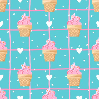 Dondurma külahları ve damalı desenler içeren modaya uymayan vektör tasarımı, yaz ambalaj kağıdı, bebek giysisi ve tekstil yapımında mükemmel..