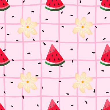 Canlı, pürüzsüz karpuz dilimleri ve pembe estetik çiçekli bir vektör deseni. Taze, renkli tekstil, çocuk odası dekoru ve yaz havası olan ambalaj kağıdı yapmak için ideal..