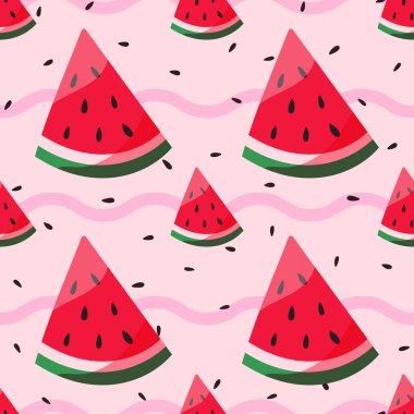 Lezzetli, pembe dilimli, kusursuz karpuz desenli modern bir meyve deseni yaratıyor. Yaz tekstil ürünleri, ambalaj kağıtları ve çocuk kıyafetleri için mükemmel..