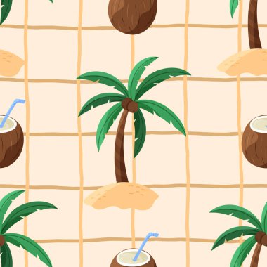 Tropik palmiye ağaçları ve hindistan cevizi kokteyli içeren kusursuz vektör deseni. Yaz tekstil ürünleri, çocuk kıyafetleri, canlı ambalaj kağıtları, kumaş, egzotik titreşimler..