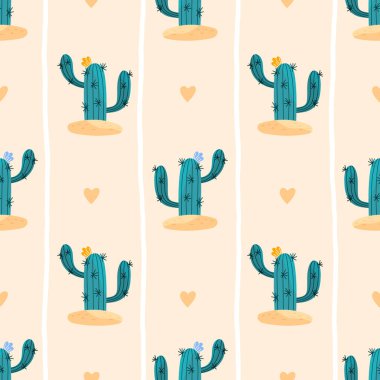 Dikenli kaktüs bitkilerinden oluşan minimalist, pürüzsüz bir desen. Botanik temalı tekstil, ambalaj kağıdı ve çocuk odası dekoru, kumaş için ideal..