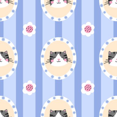 Şirin kedi yavruları, çiçekleri, çerçeveleri ve pastel çizgileri olan vektörsüz desen. Çocuk kıyafetleri, ambalaj kağıdı ve çocuk odası dekorasyonu için mükemmel. Sevimli, kız işi tasarım ve sevimli bir dokunuş..
