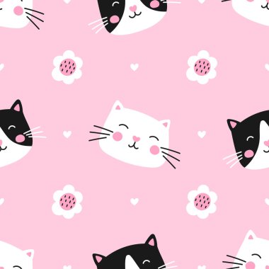 Şakacı kedileri ve kalpleri olan kusursuz bir model. Çocuk kıyafetleri, çocuk odası dekorasyonu ve hayvan temalı tasarımlar için ideal. Parlak ve renkli bir görünüş için.
