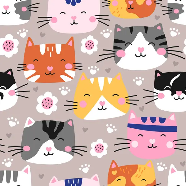 Kedi yüzleri ve kalplerden oluşan kusursuz kedi desenleri. Paket kağıdı, çocuk kıyafeti ve ev yapımı tekstil için mükemmel. Oyuncu ve şık tasarım.