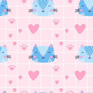 Şakacı kedileri ve kalpleri olan kusursuz bir model. Çocuk kıyafetleri, çocuk odası dekorasyonu ve hayvan temalı tasarımlar için ideal. Parlak ve renkli bir görünüş için.