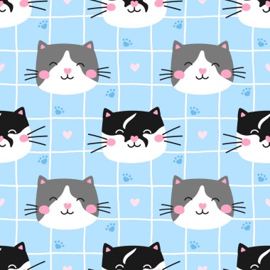 Kediler, kediler, pençeler ve pastel renkli çiçeklerin kusursuz deseni. Duvar kağıtları, çocuk eşyaları ve çocuk aksesuarları için harika..