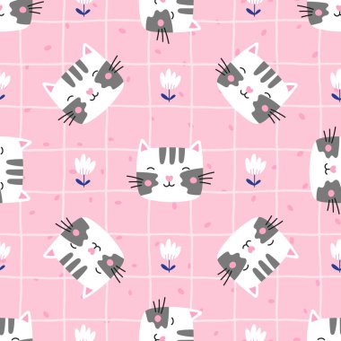 Çizgi film kedileri ve kalpleri olan kusursuz bir model. Kumaş baskılar, çocuk odası dekorasyonu ve eğlenceli tasarımlar için uygun. Modern ve şirin bir tarz..