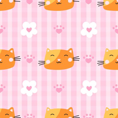 Kedi yüzleri ve kalplerden oluşan kusursuz kedi desenleri. Paket kağıdı, çocuk kıyafeti ve ev yapımı tekstil için mükemmel. Oyuncu ve şık tasarım.