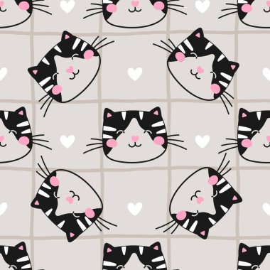 Kedi yavruları ve çiçeklerle renksiz bir model. Çocuk ürünleri, ambalaj kağıdı ve moda tasarımları için ideal. Eğlenceli ve eğlenceli baskı.