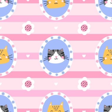 Yavru kedi yüzleri, çiçek desenleri ve yumuşak pastel renklerde çizgili arka planı olan kusursuz bir desen. Ambalaj kağıtları, çocuk giysileri ve kreş tekstili için harika. Sevimli ve modern stil.