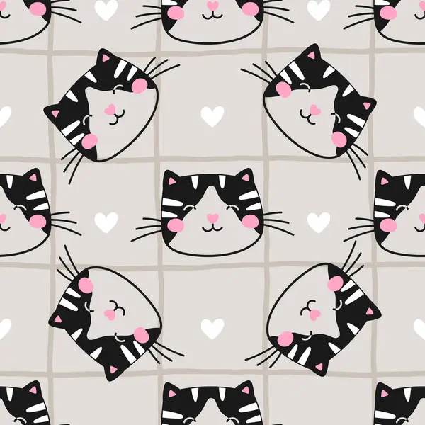 Kedi yavruları ve çiçeklerle renksiz bir model. Çocuk ürünleri, ambalaj kağıdı ve moda tasarımları için ideal. Eğlenceli ve eğlenceli baskı.