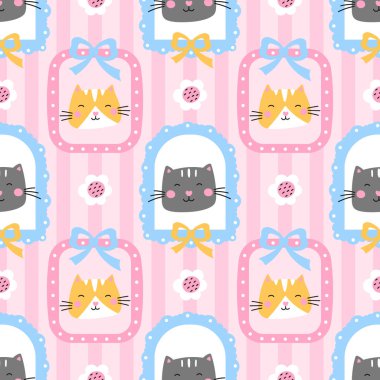 Şirin kedi yavruları, çiçekleri, çerçeveleri ve pastel çizgileri olan vektörsüz desen. Çocuk kıyafetleri, ambalaj kağıdı ve çocuk odası dekorasyonu için mükemmel. Sevimli, kız işi tasarım ve sevimli bir dokunuş..