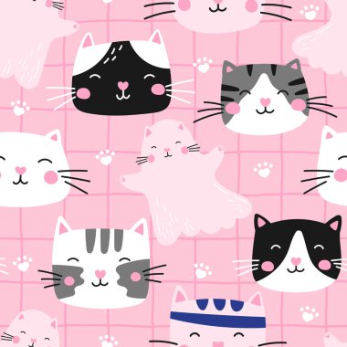 Kedi yüzleri ve kalplerden oluşan kusursuz kedi desenleri. Paket kağıdı, çocuk kıyafeti ve ev yapımı tekstil için mükemmel. Oyuncu ve şık tasarım.