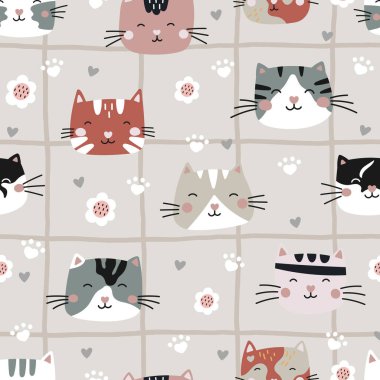 Kedi yüzleri ve kalplerden oluşan kusursuz kedi desenleri. Paket kağıdı, çocuk kıyafeti ve ev yapımı tekstil için mükemmel. Oyuncu ve şık tasarım.