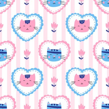 Fotoğraf çerçevesinde, kalplerde ve çiçek elementlerinde kusursuz desenli oynak kedi yavruları var. Tekstil, duvar kâğıtları ve çocuk ürünleri için ideal. Samimi, sevimli ve moda tasarım.