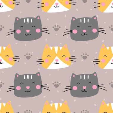 Kedi yüzlü, kalpli ve çiçekli kusursuz bir şekil. Çocuk kıyafetleri, çocuk dekorasyonu ve ambalaj kağıdı için mükemmel. Parlak, neşeli ve modaya uygun tasarım.