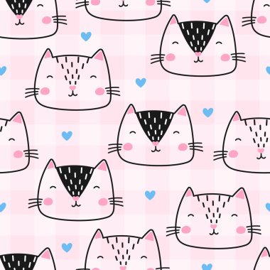 Çizgi film kedileri ve kalpleri olan kusursuz bir model. Kumaş baskılar, çocuk odası dekorasyonu ve eğlenceli tasarımlar için uygun. Modern ve şirin bir tarz..