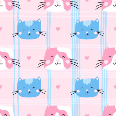 Çizgi film kedileri ve kalpleri olan kusursuz bir model. Kumaş baskılar, çocuk odası dekorasyonu ve eğlenceli tasarımlar için uygun. Modern ve şirin bir tarz..
