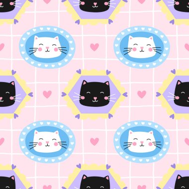 Kedi portreleri, bıyıkları ve kalpleri olan kusursuz bir desen. Tekstil, ambalaj kağıdı ve çocuk modası için mükemmel. Modern, rahat bir havası olan sevimli, kız tasarımı..