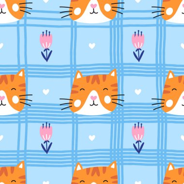 Kedi yavruları ve çiçeklerle renksiz bir model. Çocuk ürünleri, ambalaj kağıdı ve moda tasarımları için ideal. Eğlenceli ve eğlenceli baskı.