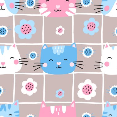 Kedi yavruları ve çiçeklerle renksiz bir model. Çocuk ürünleri, ambalaj kağıdı ve moda tasarımları için ideal. Eğlenceli ve eğlenceli baskı.