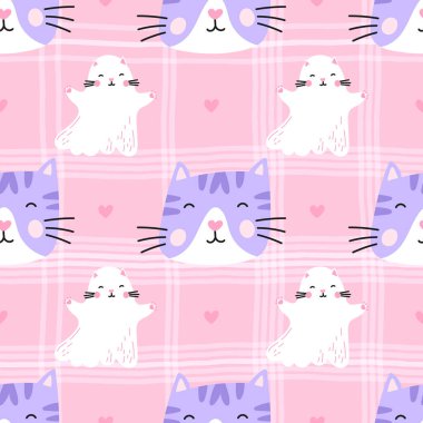 Pürüzsüz hayalet kedi ve kalp desenleri yumuşak, pastel renklerde. Paket kağıdı, çocuk ürünleri ve Cadılar Bayramı dekorasyonu için mükemmel. Neşeli bir atmosfer için eğlenceli, rahat ve büyüleyici bir tasarım..