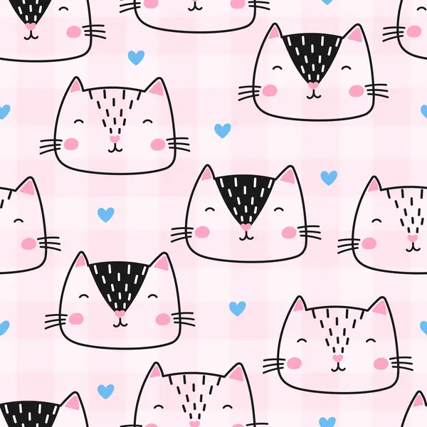 Çizgi film kedileri ve kalpleri olan kusursuz bir model. Kumaş baskılar, çocuk odası dekorasyonu ve eğlenceli tasarımlar için uygun. Modern ve şirin bir tarz..