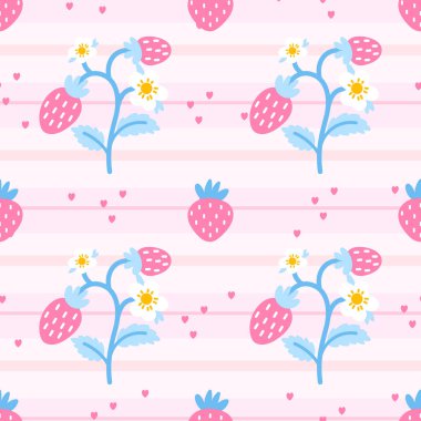 Tatlı çilekler ve yumuşak pastel tonlarda çiçekli elementlerle vektörsüz desen. Çocuk kıyafetleri, ambalaj kağıtları ve yaz temalı tekstil ürünleri için ideal. Taze ve tapılası tasarım.