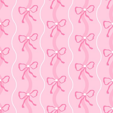 Şirin fiyonklar, romantik elementler ve dalgalı kurdele şekilleri içeren kusursuz desenler. Yumuşak, zarif kumaşlar, bebek modası ve eski moda dekorlar için mükemmel..