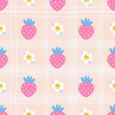 Pembe çilekler, çiçekler ve botanik detaylar içeren kusursuz desenler. Bebek dekorasyonu, kumaş baskıları ve kız tasarımları için mükemmel. Tatlı, minimal ve şık..