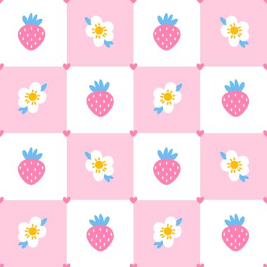 İçinde yabani çilekler, pamuklu kumaş ve kalpler olan kusursuz desenler. Kumaş, ambalaj kağıdı ve romantik yaz tasarımları için mükemmel..