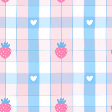 Yabani çilekler, kalpler ve dişli gingham arkaplanlı vektörsüz desen. Yaz tekstil ürünleri, sevgililer günü baskıları ve tatlı temalı tasarımlar için ideal..