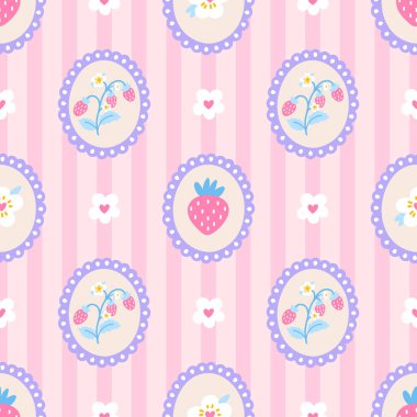 Tatlı çilekler ve yumuşak pastel tonlarda çiçekli elementlerle vektörsüz desen. Çocuk kıyafetleri, ambalaj kağıtları ve yaz temalı tekstil ürünleri için ideal. Taze ve tapılası tasarım.