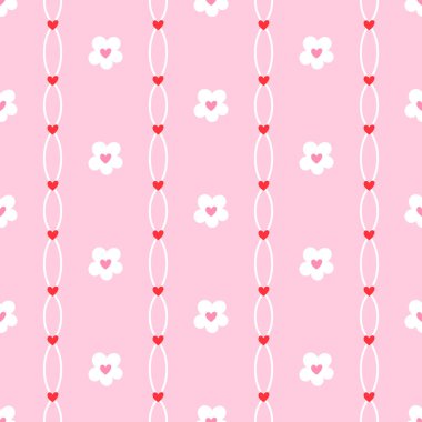 Şirin kalpler ve çiçek unsurları içeren kusursuz bir desen. Tekstil baskıları, yeni doğan kumaşı ve kadınsı dekoratif temalar için mükemmel..