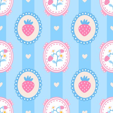 Kawaii çilekleri ve pastel çiçeklerden oluşan kusursuz bir desen. Kumaş, kreş eşyaları ve tatlı temalı çocuk tasarımları için mükemmel..