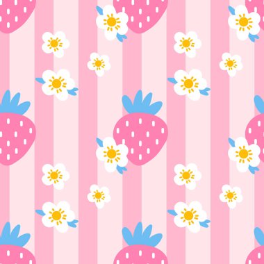 Çilekler ve kawaii tarzında çiçekler içeren kusursuz desenler. Kumaş izleri, duvar kâğıdı ve ambalaj için mükemmel. Çocuk ürünleri için neşeli ve yumuşak görünüm.