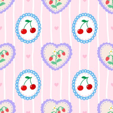 Sulu kirazlı ve çileksiz desenli canlı, kawaii tarzı. Ambalaj kağıdı, çocuk modası ve taze organik gıda temaları için harika..