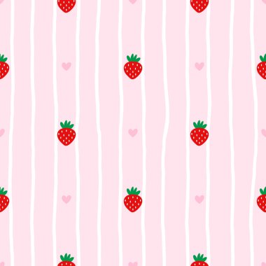 Pastel palette yaban çileği ve kalp olan kusursuz vektör deseni. Romantik tekstil baskıları, çocuk kıyafetleri ve şirin yaz tasarımları için mükemmel..