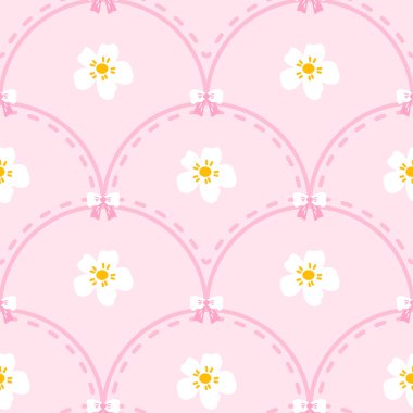 Kawaii 'den esinlenilmiş çiçek ve dalga arkaplanlı kalp deseni. Kağıt, kumaş ve kadınsı yay temalı dekorlar için kusursuz vektör tasarımı ideal.